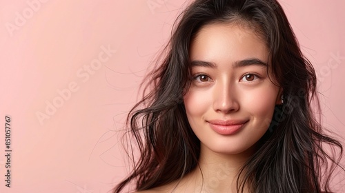 Smiling young asian woman with long groomed hair isolated on pastel flat background with copy space
