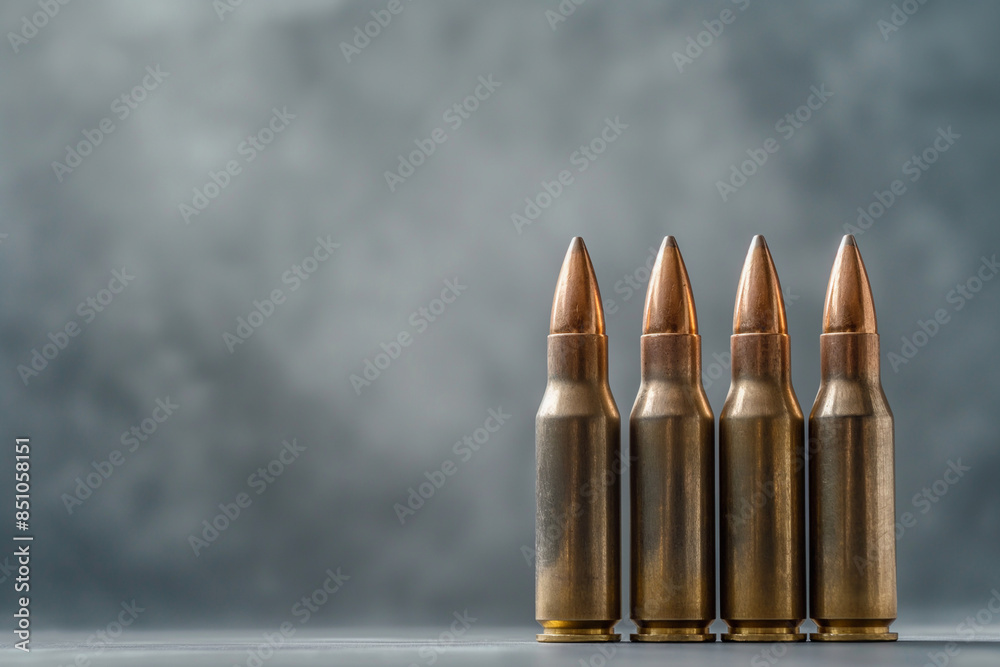 Four unfired rifle cartridges stand in a row against a dark background