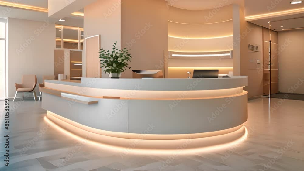An elegant and modern hospital reception desk with curved counters, warm lighting, and soothing colors.