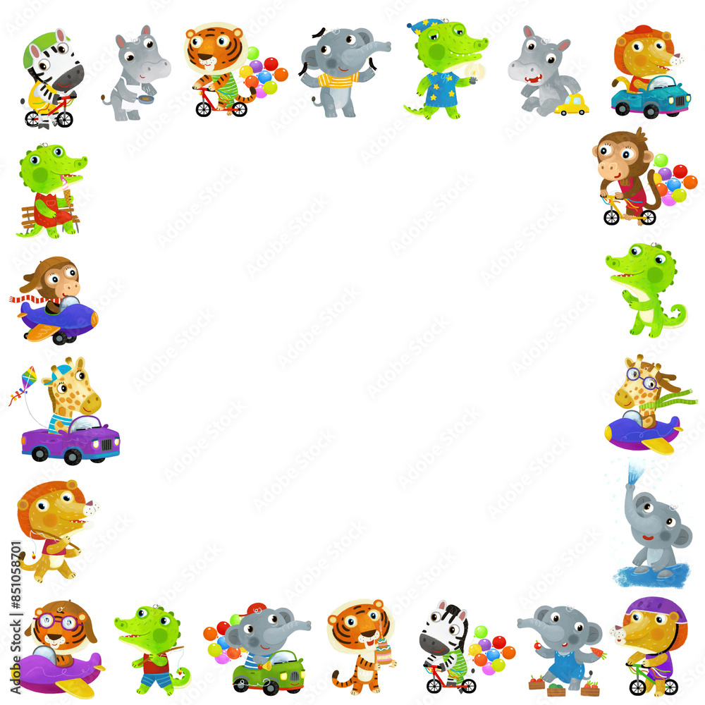 cartoon scene with frame border template with different zoo or african animals many activities with space for text isolated illustration for children cartoon scene with frame border template with different zoo or african animals many activities with space for text isolated illustration for children