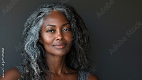 Beautiful black woman with smooth healthy face skin. Gorgeous aging mature woman with long gray hair and happy smiling