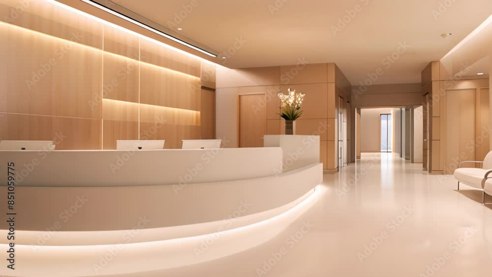 An elegant and modern hospital reception desk with curved counters, warm lighting, and soothing colors.