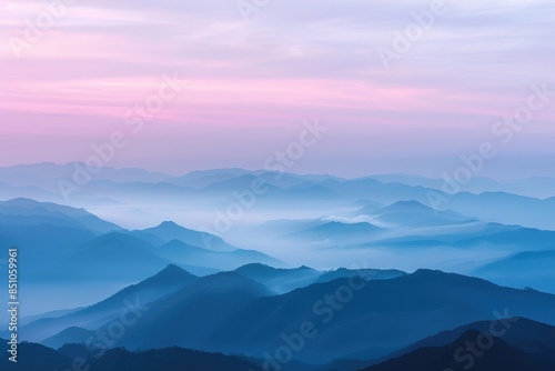 blue and pink gradient sky over the mountains, misty, beautiful view from above of forested mountain range at dawn, landscape photography,