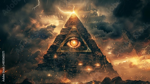 All-seeing eye watching over burning world from illuminati pyramid