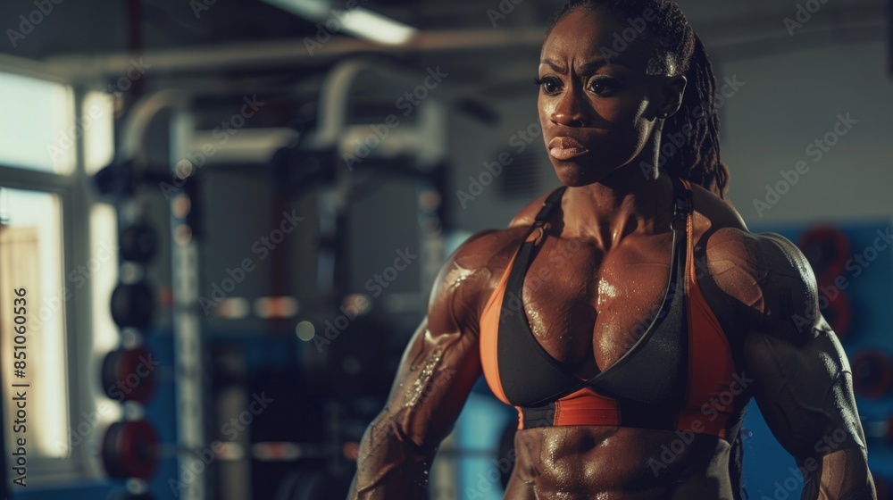 A muscular black woman stands in a gym, her biceps flexed, in a black and orange sports bra.