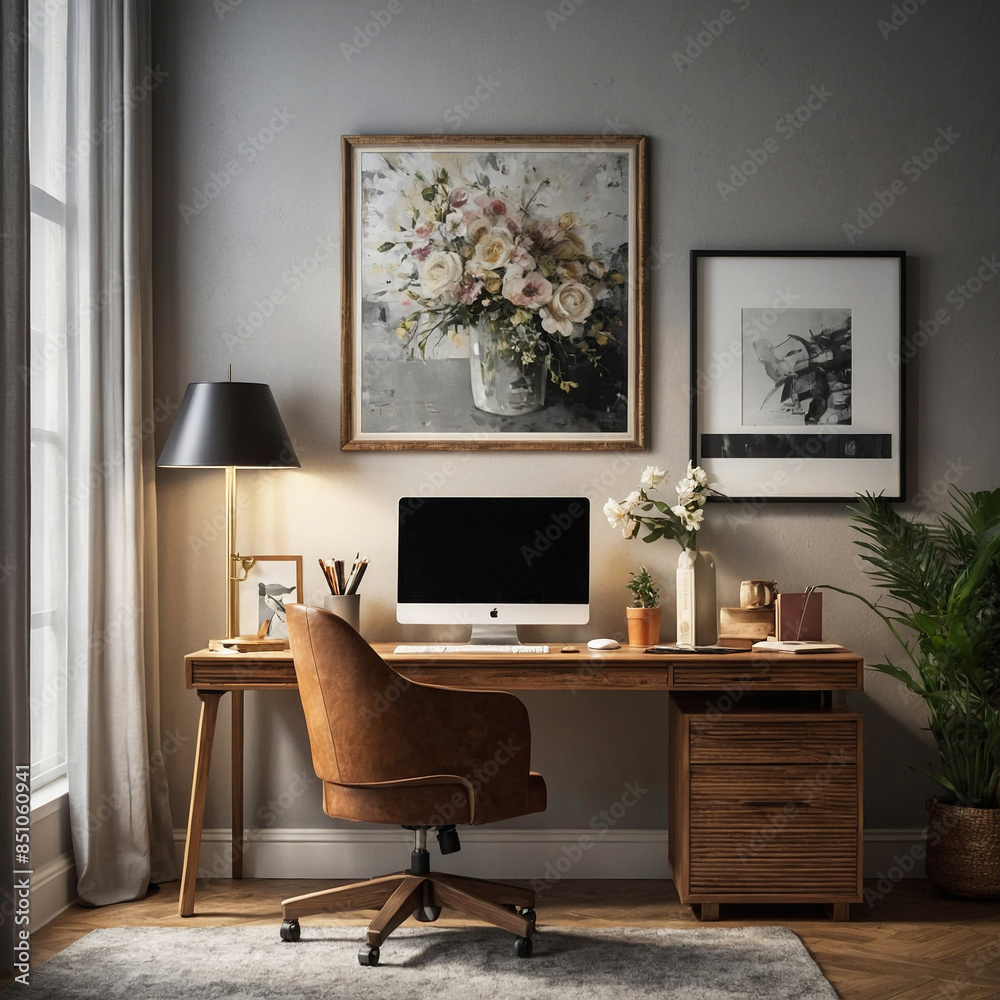 Obraz premium This image features a clean, well-organized office desk adorned with stylish decor and wall art. The desk is sleek and minimalist, with a smooth surface free of clutter. 