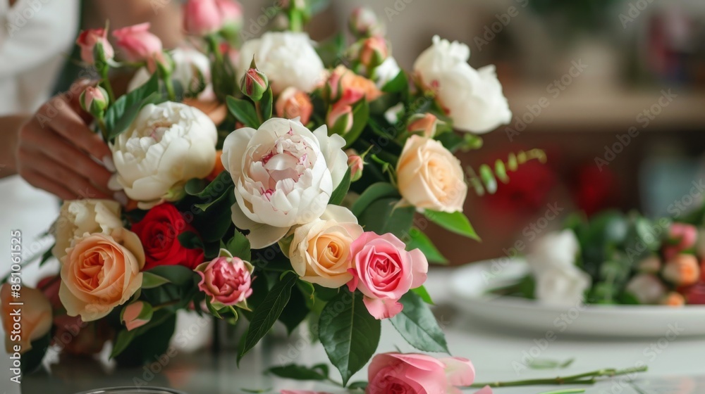 A close-up of a bouquet of pink and white roses with green leaves. The roses are arranged in a vase and the stems are visible. A close-up of a bouquet of pink and white roses with green leaves. The roses are arranged in a vase and the stems are visible.