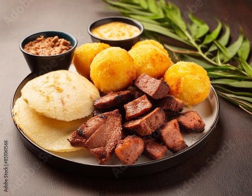 fried or chopped - Veal, chicken, beef, chorizo, yuca and arepa. traditional colombian food photo