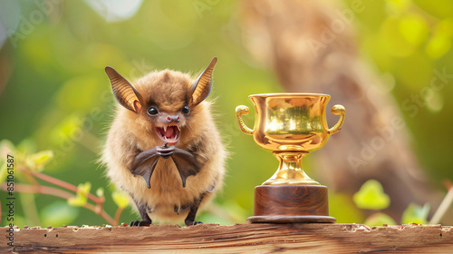 Cheerful bat holds a tiny golden cup, marking a win against a natural backdrop photo