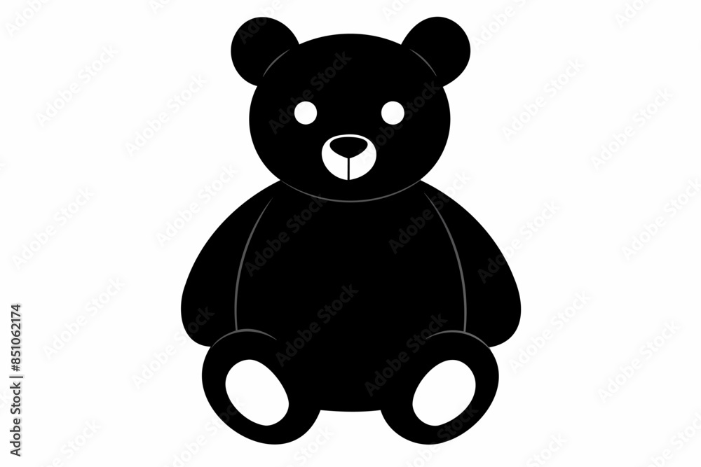 Black silhouette of sitting toy bear isolated on a white background. Cute baby plush bear. Concept of kids toys, childhood, fun, game, playtime, minimalist design. Print, icon, design element Black silhouette of sitting toy bear isolated on a white background. Cute baby plush bear. Concept of kids toys, childhood, fun, game, playtime, minimalist design. Print, icon, design element