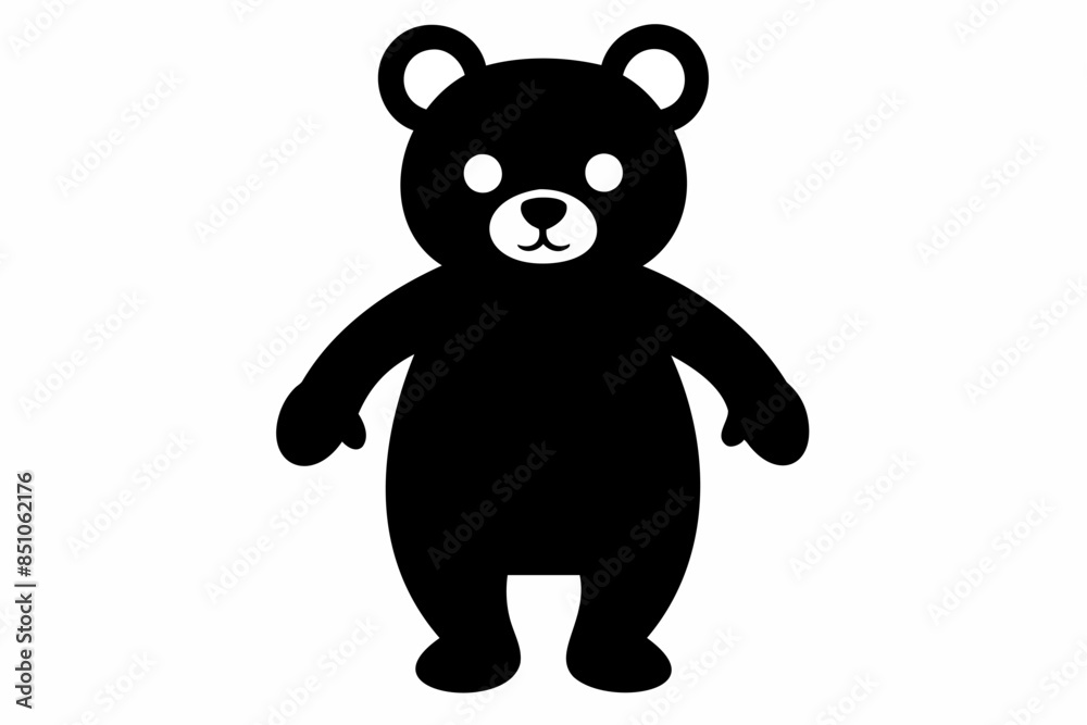 Obraz premium Black silhouette of a toy bear standing on a white background. Cute baby plush bear. Concept of kids toys, childhood, fun, game, playtime, minimalist design. Print, icon, design element. Graphic art