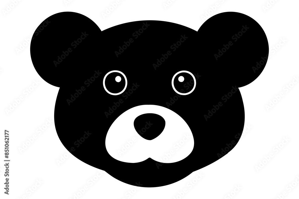 Black silhouette of a toy bear face isolated on a white background. Cute baby plush bear head. Concept of kids toys, childhood, fun, game, playtime, minimalist design. Print, icon, design element Black silhouette of a toy bear face isolated on a white background. Cute baby plush bear head. Concept of kids toys, childhood, fun, game, playtime, minimalist design. Print, icon, design element
