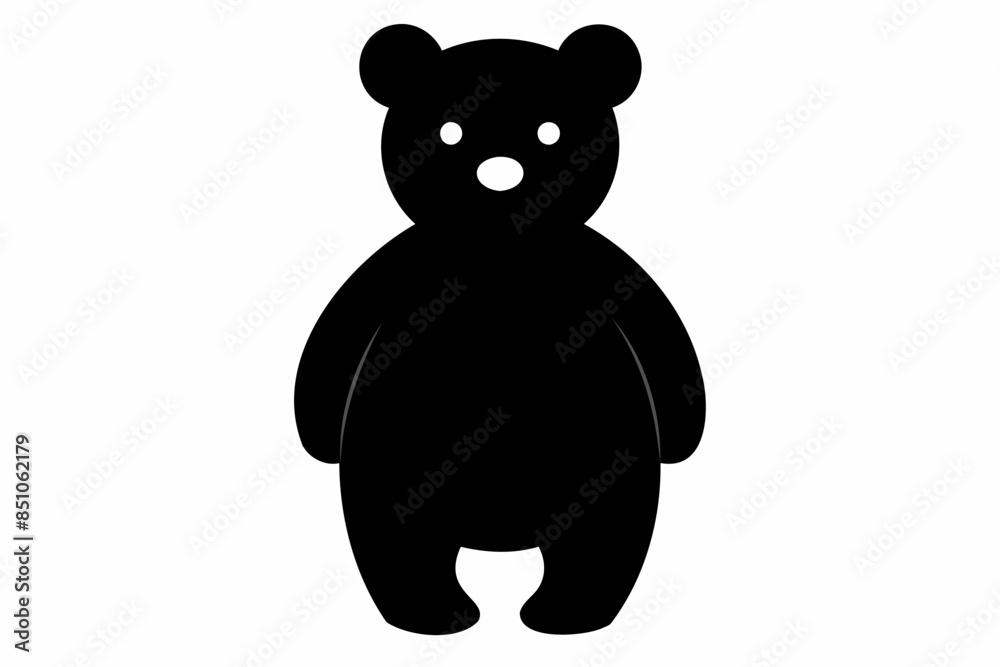 Fototapeta premium Black silhouette of a toy bear standing on a white background. Cute baby plush bear. Concept of kids toys, childhood, fun, game, playtime, minimalist design. Print, icon, design element