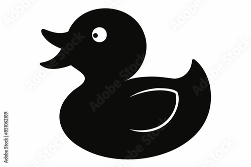 Black silhouette of a rubber duck isolated on a white background. Bath toy duck icon. Concept of minimalism, bath toy, simple design. Print, icon, logo, template, design element. Graphic art