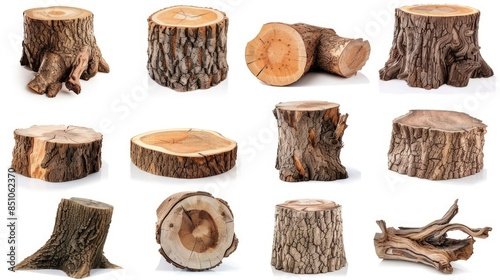 Tree stump wood cuts collection isolated on a white background