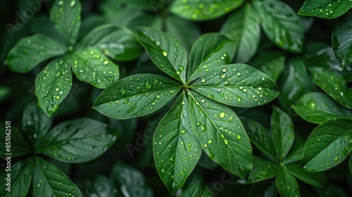 Green Leaves with Raindrops After a Summer Shower