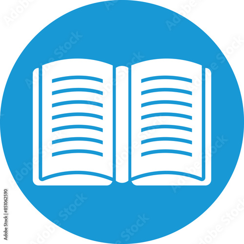 Open book icon blue round background isolated white. Symbol reading knowledge literature open book, book illustration educational study learning content