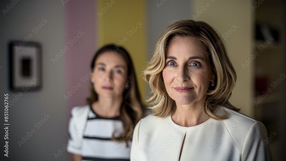 Two women are standing next to each other in a room, AI Two women are standing next to each other in a room, AI