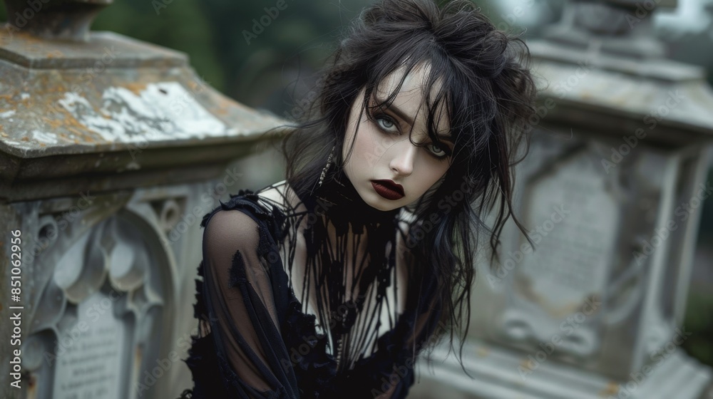 Fototapeta premium Portrait of a brunette Goth style inspired woman, fashion and make-up shoot. Gothic, Goth, Emo, New Wave, Dark style fashion. Dark smokey make-up, red lipstick. Dramatic. Elegant.