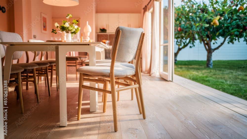 A dining room with a table and chairs in front of an open door, AI A dining room with a table and chairs in front of an open door, AI