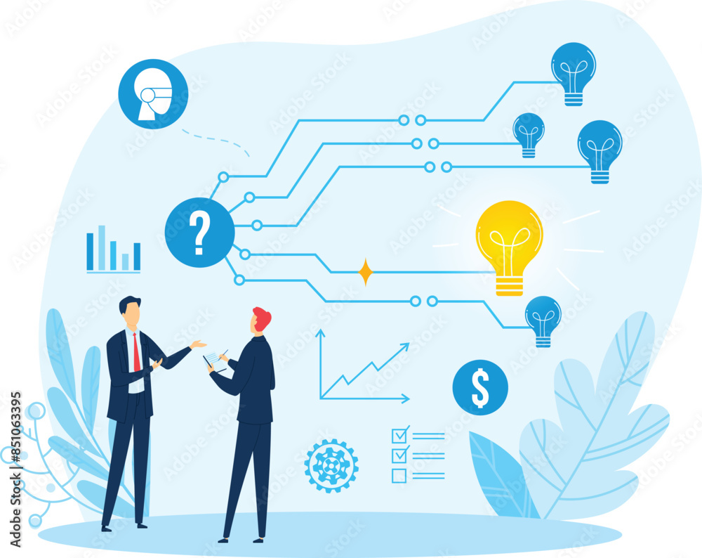 Two business professionals discussing ideas strategy brainstorming. Light bulbs graphs chart technology innovation concept. Financial analysis solution planning Two business professionals discussing ideas strategy brainstorming. Light bulbs graphs chart technology innovation concept. Financial analysis solution planning
