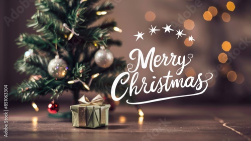 A christmas tree with a present under it and the words merry christmas, AI