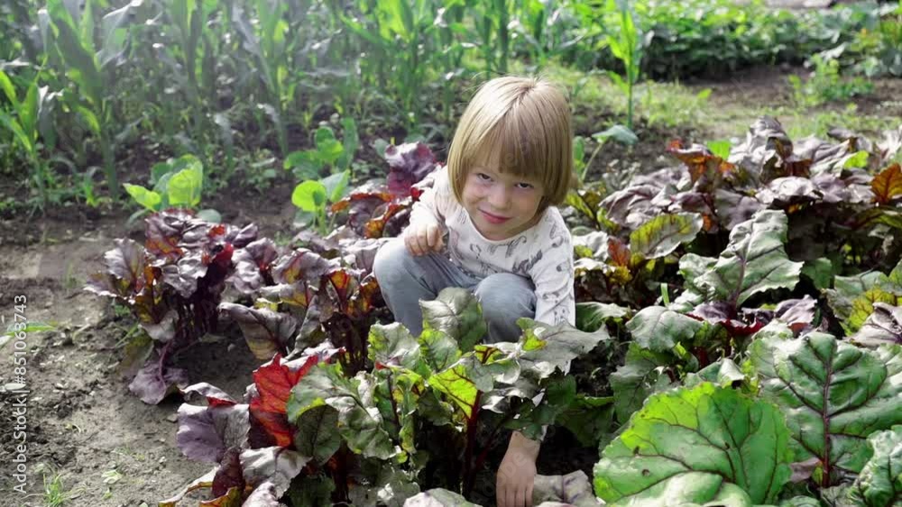 A beautiful child cleans the plants from weeds in the garden. Boy helps in the garden weeding grass into organic vegetables A beautiful child cleans the plants from weeds in the garden. Boy helps in the garden weeding grass into organic vegetables