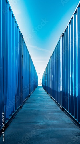 Symmetrical view between two blue shipping containers under a bright sky, creating a modern and industrial aesthetic.