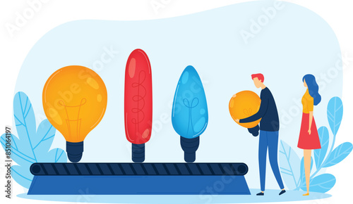 man presented giant glowing yellow light bulb woman, who glanced approvingly innovative solution next oversized red blue bulbs, woman, dressed yellow top red skirt, seemed impressed creativity put
