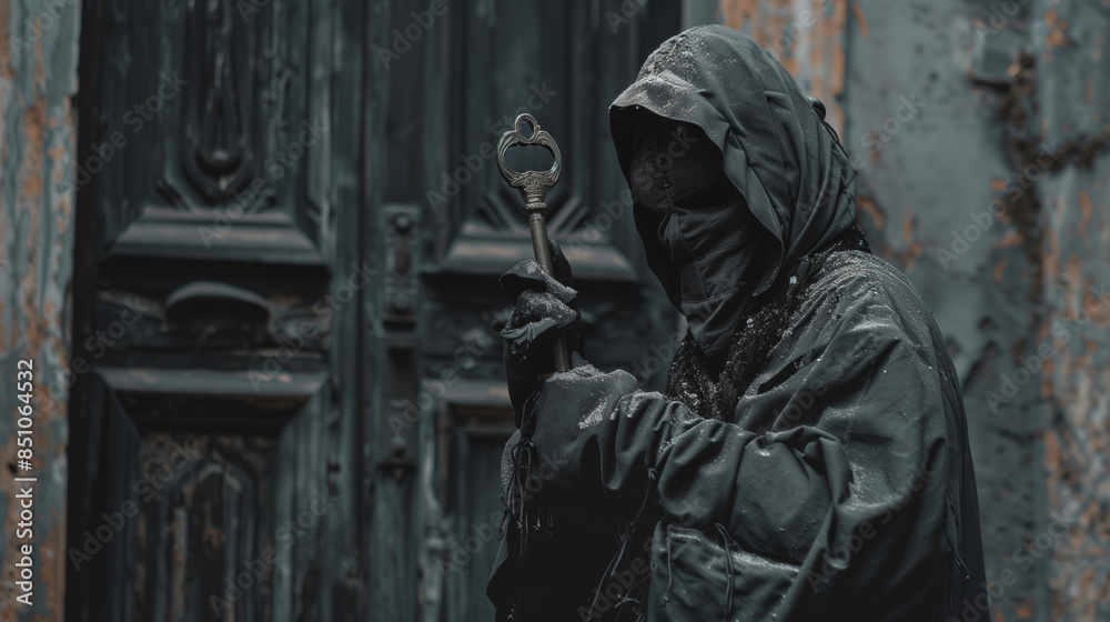 Masked figure with a key in a dark and worn setting Masked figure with a key in a dark and worn setting