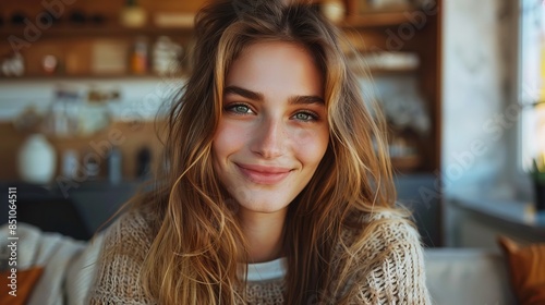 Wallpaper Mural Photo of beautiful happy woman looking at camera while sitting at office Torontodigital.ca