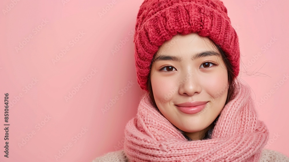 Happy asian woman wear winter cloth isolated on pastel background Happy asian woman wear winter cloth isolated on pastel background