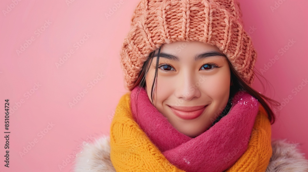 Happy asian woman wear winter cloth isolated on pastel background Happy asian woman wear winter cloth isolated on pastel background