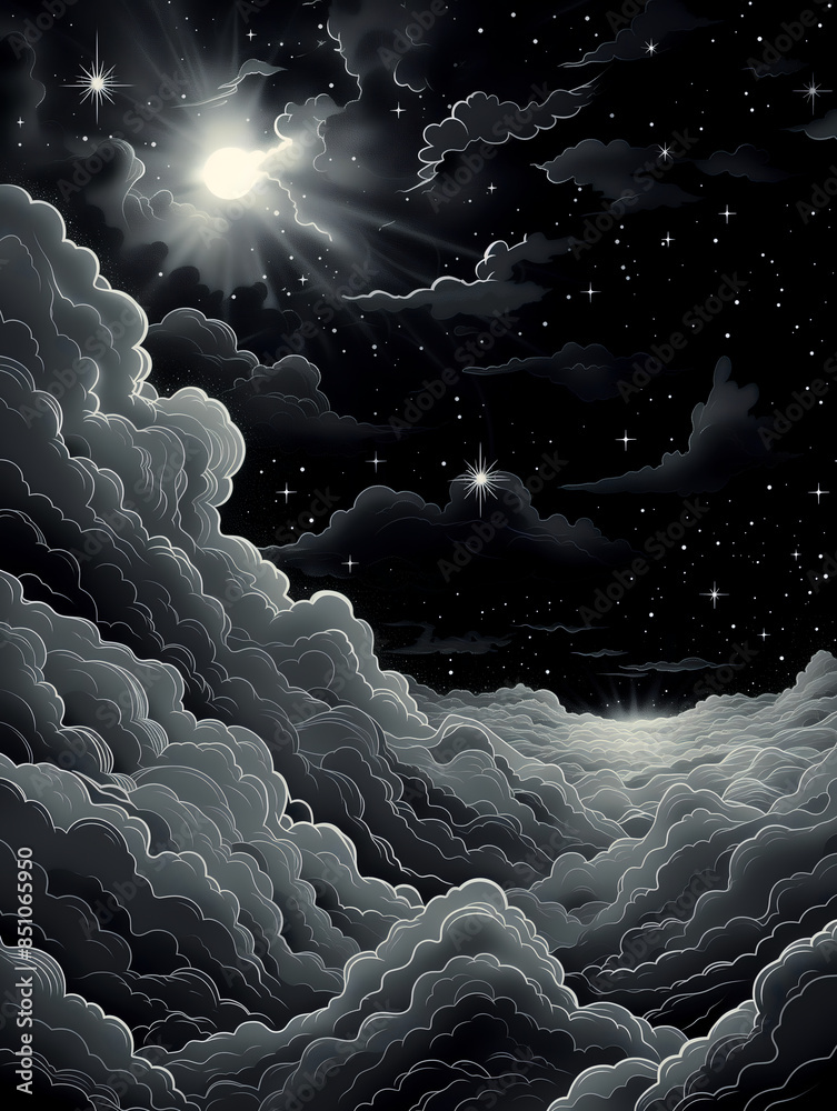 Obraz premium Fantastic illustration with landscape and space.