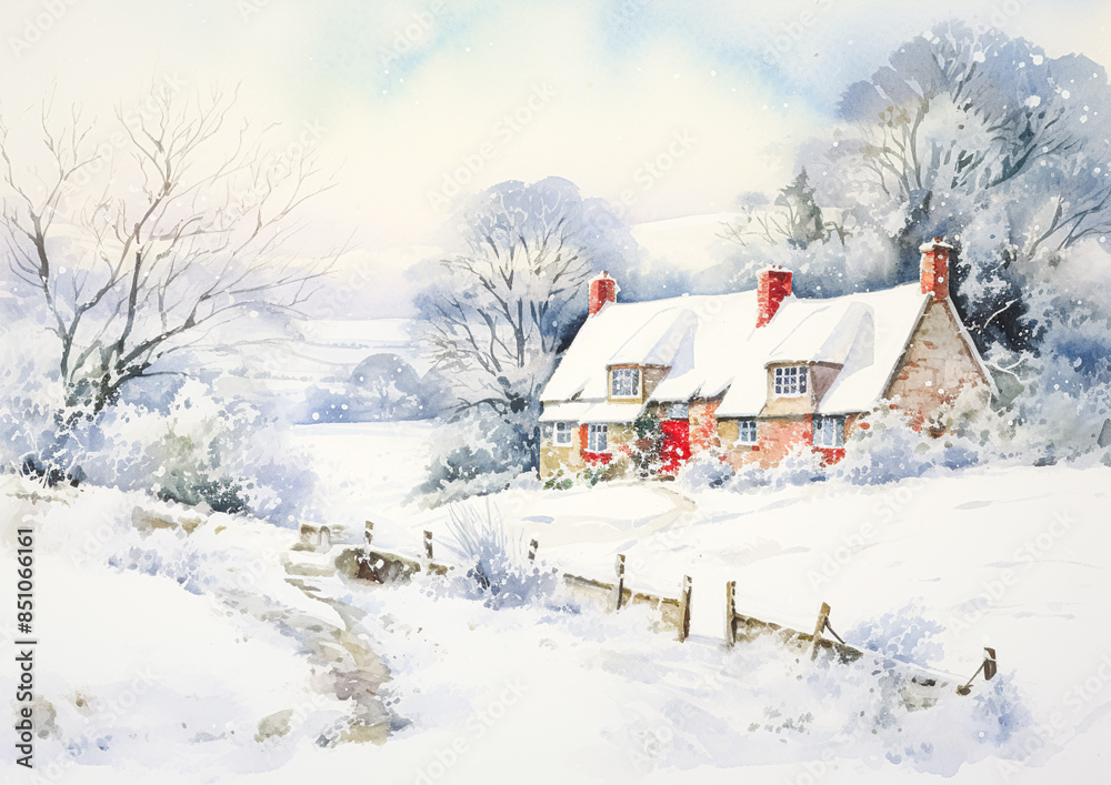 Watercolour printable winter countryside art print, English country cottage and snow, Christmas holiday, thank you and Happy Holidays diy greeting card design Watercolour printable winter countryside art print, English country cottage and snow, Christmas holiday, thank you and Happy Holidays diy greeting card design