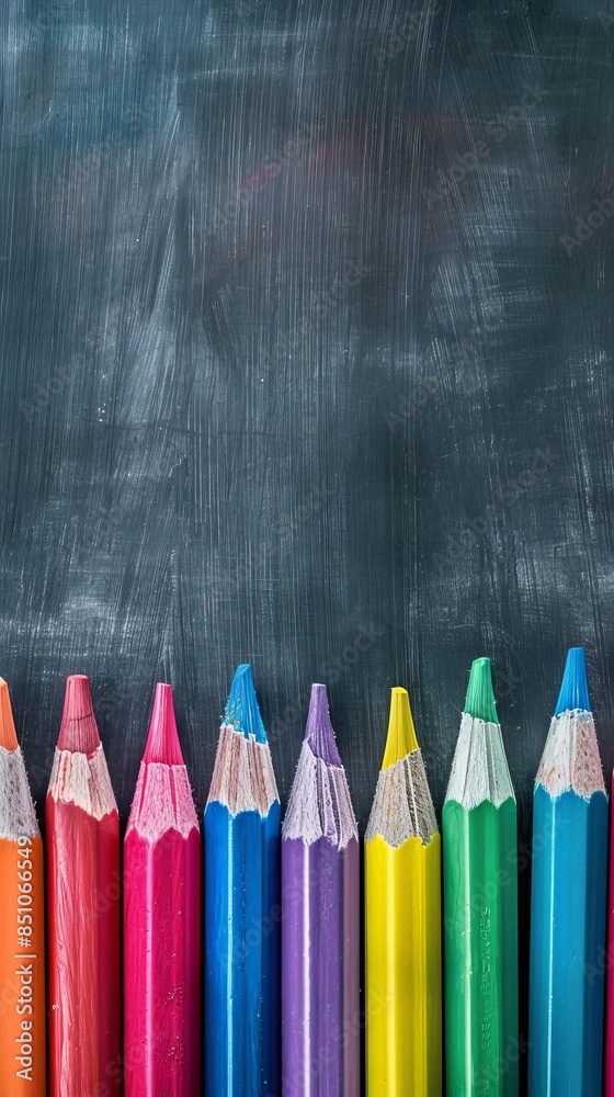 Row of colorful sharpened pencils lying on a blank chalkboard Row of colorful sharpened pencils lying on a blank chalkboard