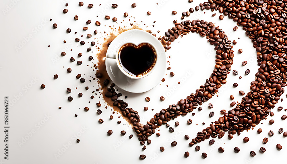 Obraz premium Tasse Kaffee herzförmig mit Herz herzliches heiss Getränk Frühstück Becher Untertasse weiß mit Kaffeebohnen isoliert auf weißen Hintergrund als Vorlage für Aroma Genuß Freude genießen liebevoll