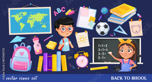 Vector icons collection with school elements includes books,world map,backpack,pupils,stationery,kids drawings.
