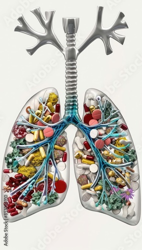 The lungs with colorful pills and herbs inside, white background,