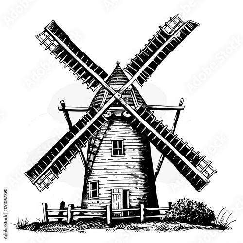 Line art drawing of traditional windmill over white background. © Joyce