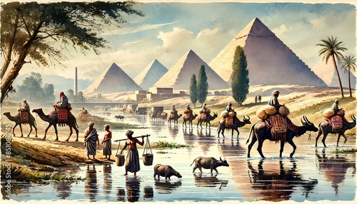 The image is a watercolor painting of an Egyptian landscape with pyramids, people by the river, camels, buffaloes, and palm trees, set against a sunset sky. photo