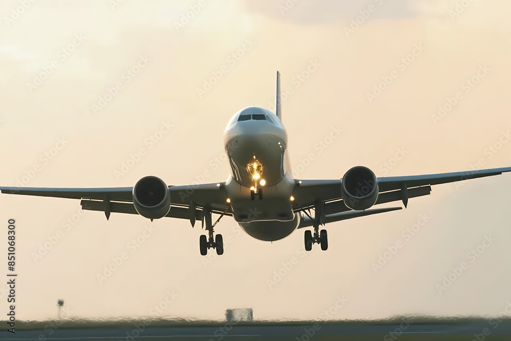 Airplane landing on runway at sunset Airplane landing on runway at sunset