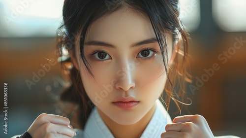 Korean woman taekwondo, beautiful face, photo photo