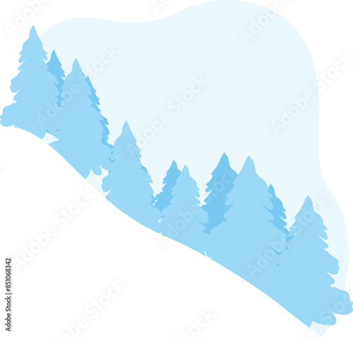 Blue evergreen trees hillside landscape. Blue coniferous forest winter scenery. Isolated white background winter forest nature scene