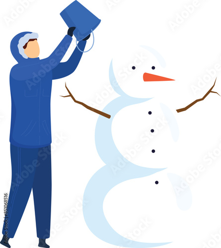 Creating snowman young man blue coat gloves, adding snow bucket snowman carrot orange nose stick arms isolated white background, fun outdoor activity young man blue pants boots