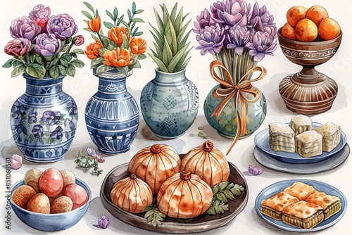 Nowruz Holiday Vector Design Elements with Flowers, Sweets, and Decorations
