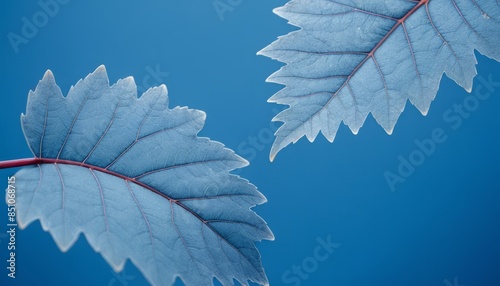 Close-up of blue autumn leaves on a blue background, concept for natural, botanical and artistic design photo