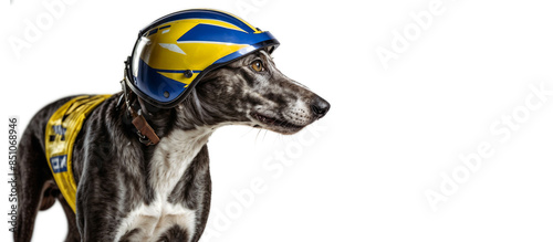 Greyhound racing with a dog wearing a crash helmet isolated on a white background with copy space photo