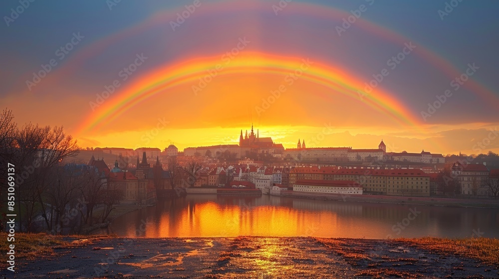 Stunning Double Rainbow Over Prague Castle at Sunset in Czech Republic Stunning Double Rainbow Over Prague Castle at Sunset in Czech Republic