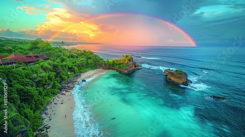 Stunning Rainbow Over Bingin Beach in Bali, Indonesia at Sunset